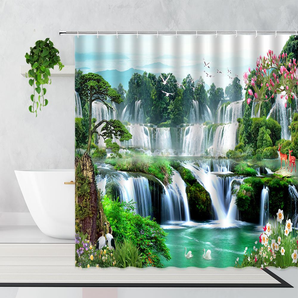 Zen Bamboo Forest Shower Curtain Summer Forest Jungle Waterfall Rock Nature Scenery Bath Curtains Set Green Landscape Bathroom