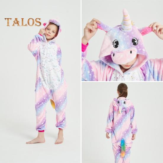 Flannel Lounge Jumpsuit with Exclusive Animal Hat Bright Colored Pajamas Long Sleeve Starry Pattern Cartoon Style Lounge Kids Daily Wear