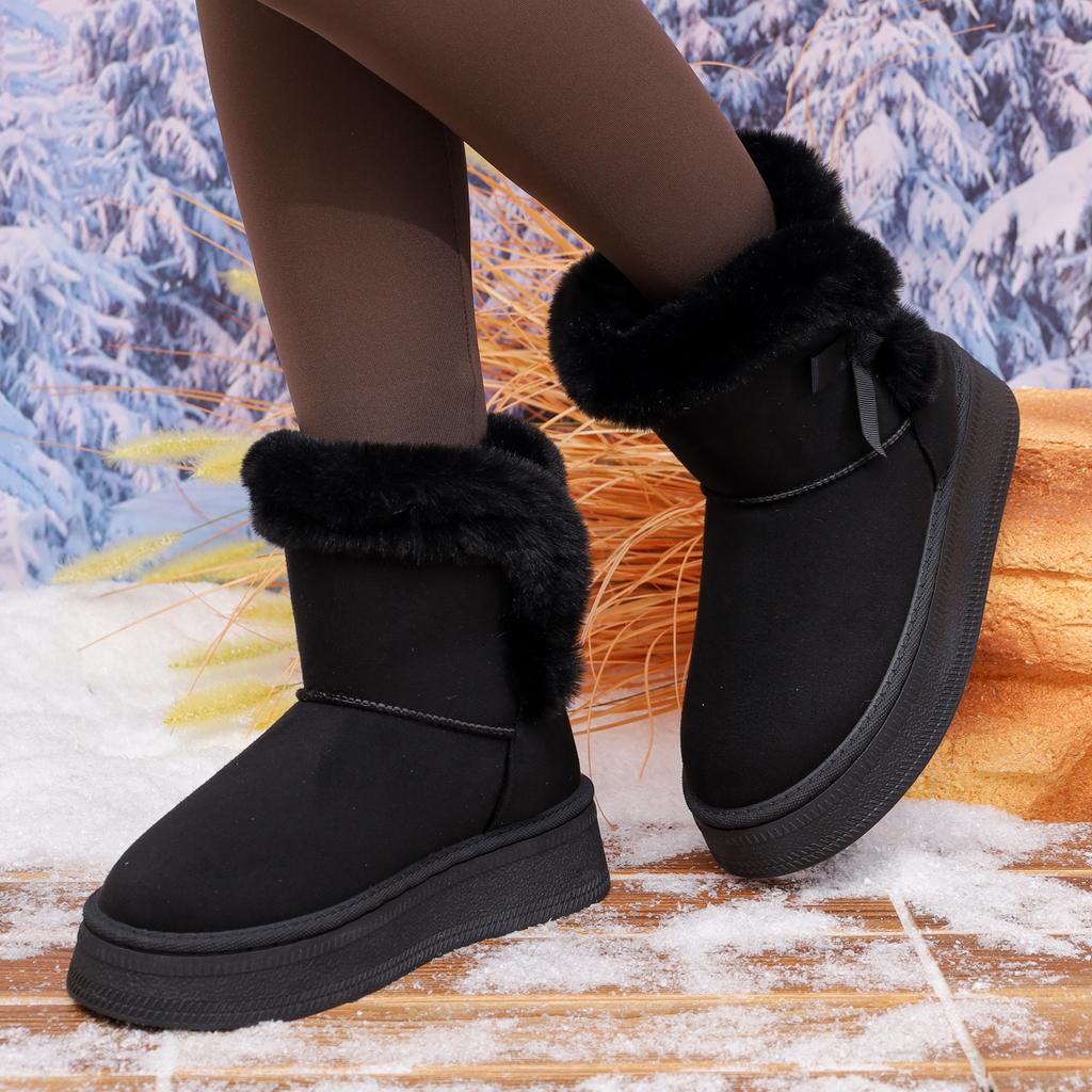 Women Boots Fashionable Bow Round Toe Elegant Snow Boots Winter Flat Wear-resistant Soft Students Plus Velvet Warm Women Shoes