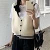 Women Sling Vest Slim Fit V-Neck Sleeveless Top with Striped Pattern Single Breasted Knitted Sweater Daily Wear