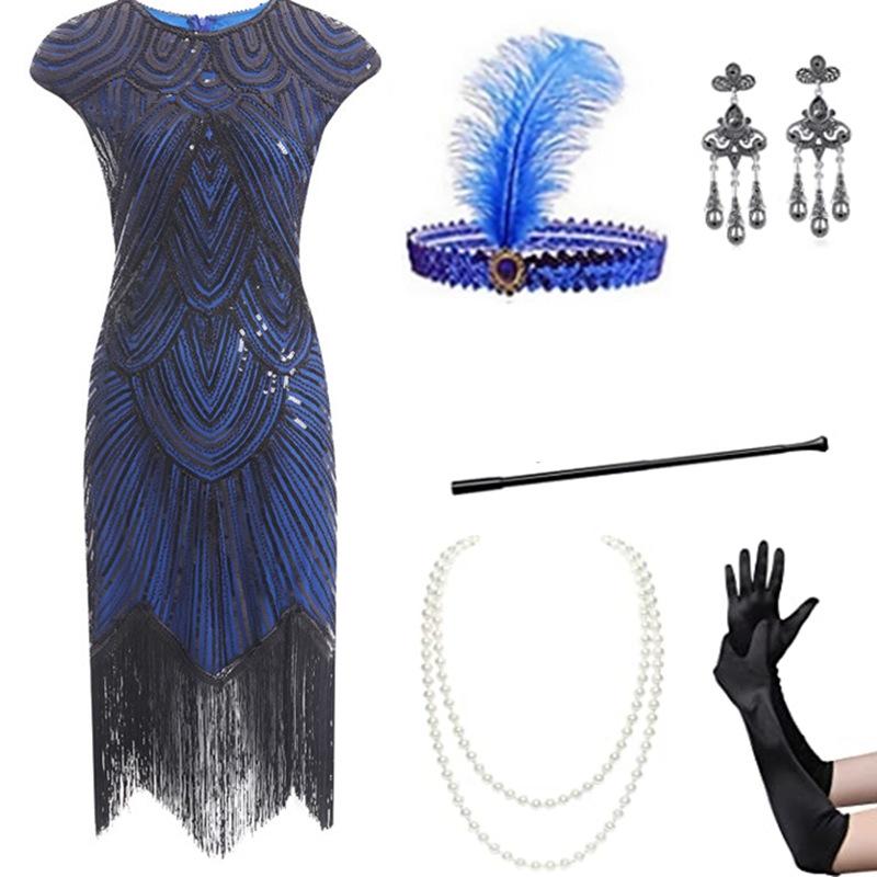 1920s Retro Sequin Flapper Dress with Tassels and Headdress Set