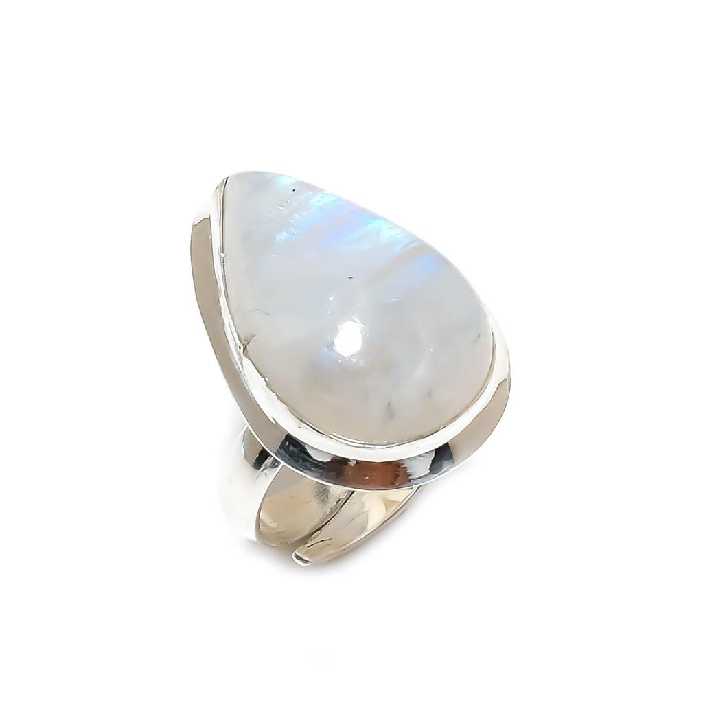 Natural Rainbow Moonstone Adjustable 925 Sterling Silver Ring - Fits US Sizes 6 To 11 - Handmade Boho Jewelry for Women & Men, Birthday GIfts