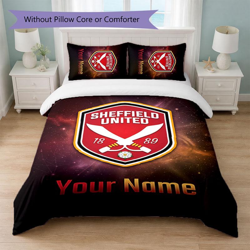 Sheffield United FC Custom Name Text Bedding Set 1 Duvet Cover+2 Pillowcases Soccer Logo Personalized Gift For Special Occasion Bedroom Decor