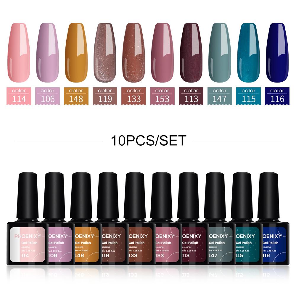 Гель-лак для ногтей PHOENIXY, 10 цветов, замачиваемый УФ-гель для ногтей, стартовый набор для дизайна ногтей, набор блестящих лаков для DIY, дома, гель для маникюра