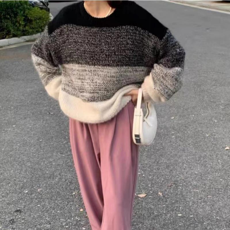 Women's Fashion Casual Fall Winter Colour Block Print Long Sleeve O-Neck Sweaters