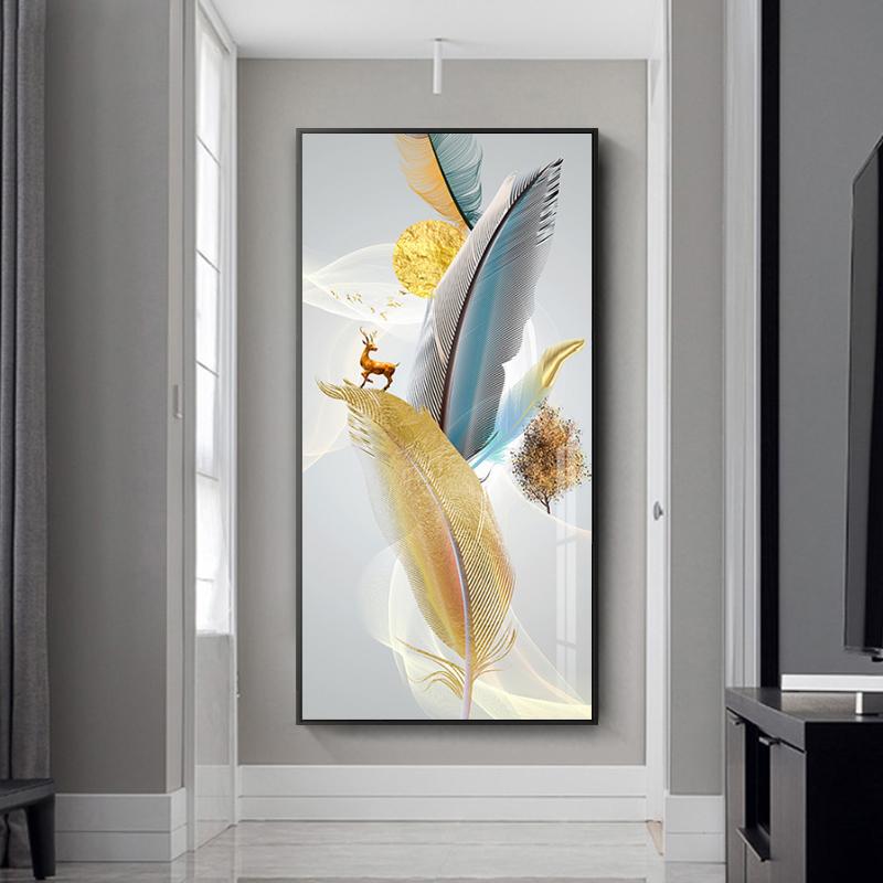 Abstract Feather Golden Yellow Deer Posters Prints Golden Feathers Canvas Painting Tree Wall Art for Living Room Home Decor