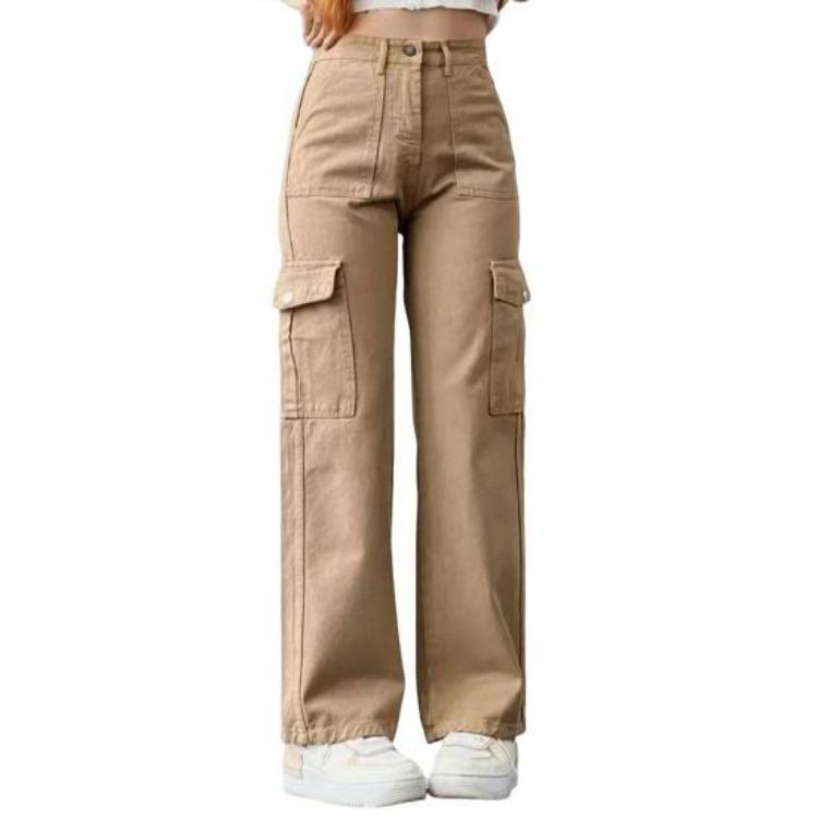 Loose Fit Straight Leg Cargo Pants Women Casual Trousers Mid Rise Waist with Zipper Button Multi Pockets Solid Color Long Pants