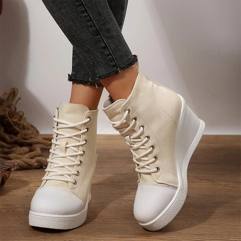 Canvas Ankle Boots Wedges High Heels Shoes Woman Rend Lace Up Spring New Fashion Leisure Pumps Walking Women's Boots Mujer Botas