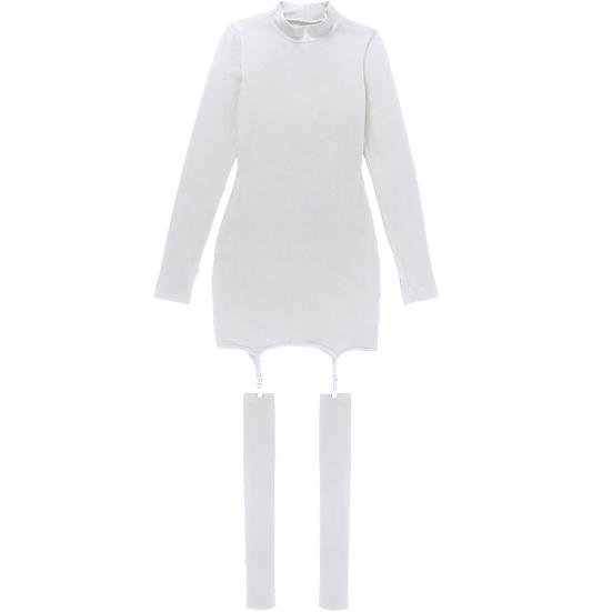 Сексуальное женское мини-облегающее платье с длинными рукавами и пряжкой на подтяжках и чулками