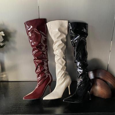 ~ Высокий каблук Французский острый носок Ботфорты Женские ботинки 2025 Новые высокие плиссированные ботинки-чулки