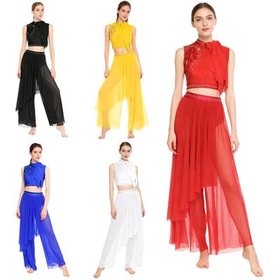 Женский лирический танцевальный костюм с пайетками, вышивкой, бантом, без рукавов, с вырезом на спине, укороченный топ, встроенные трусы, брюки с широкими штанинами