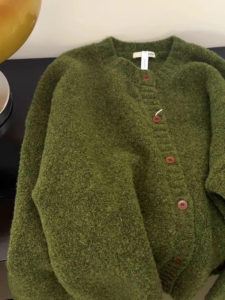 Women's Retro Avocado Green Round Neck Knit Cardigan - Soft, Loose, Thick Sweater Coat for Autumn/Winter