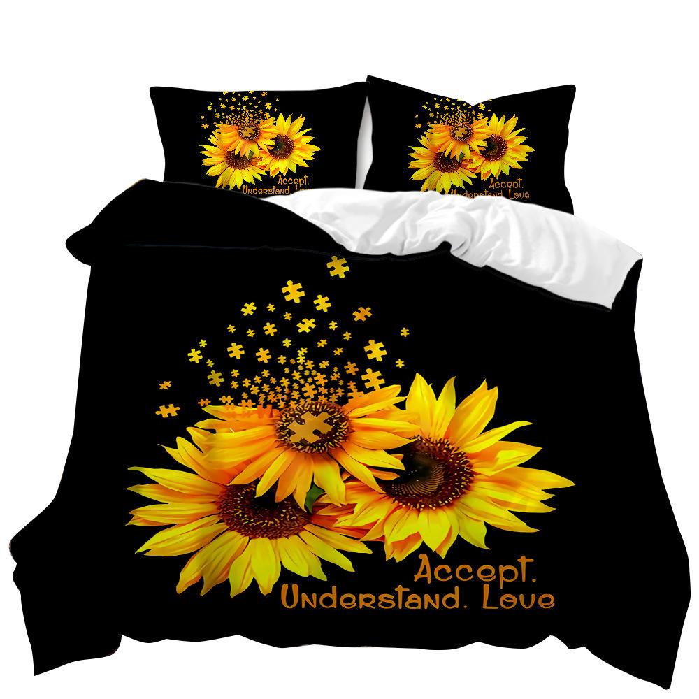 Sunflower pattern design 3D digital printing quilt set three-piece bedding kit