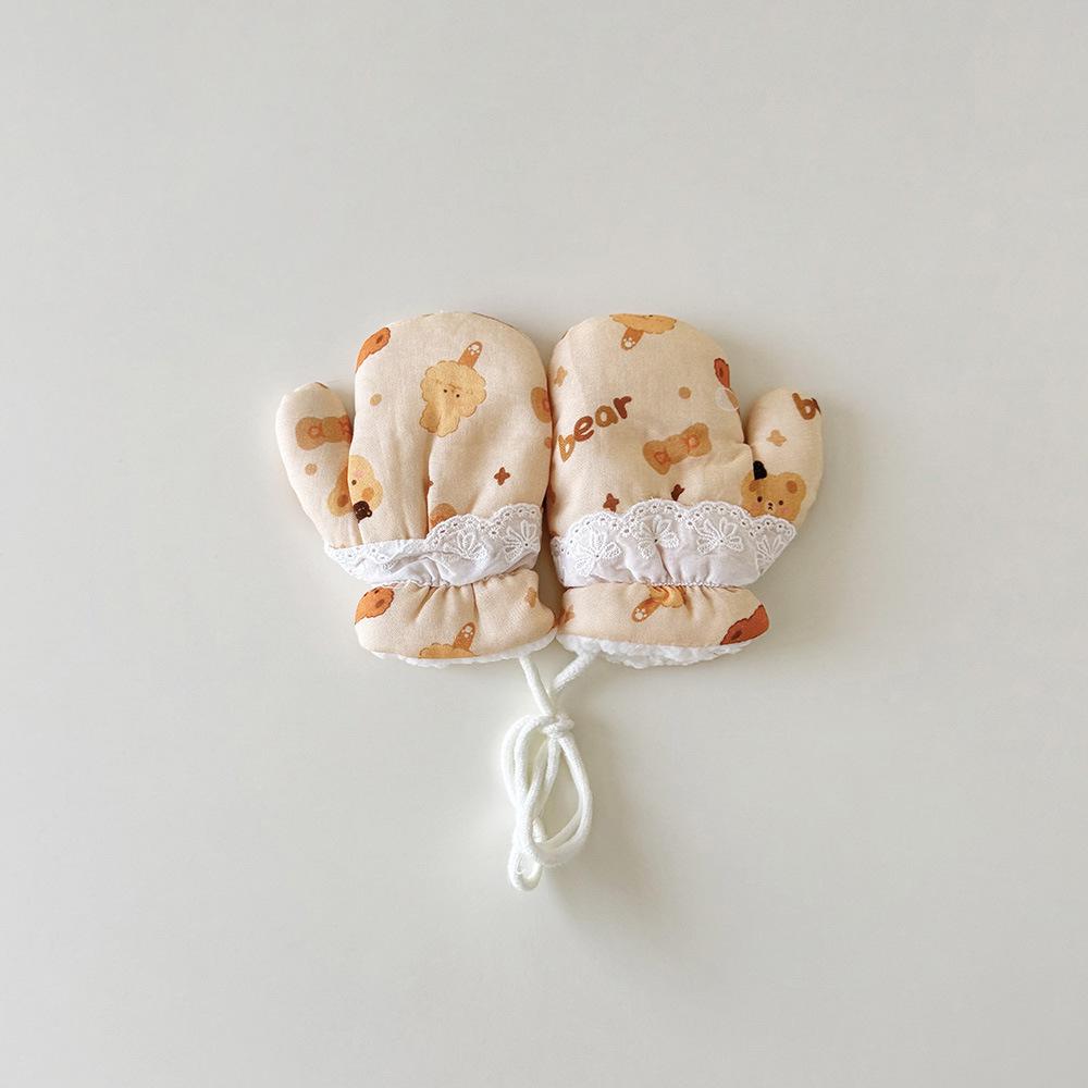 Fashion Baby Mittens Cute Floral Print Lace Winter Mittens for Girl Warm Plush Lined Thermal Toddler Kids Mittens