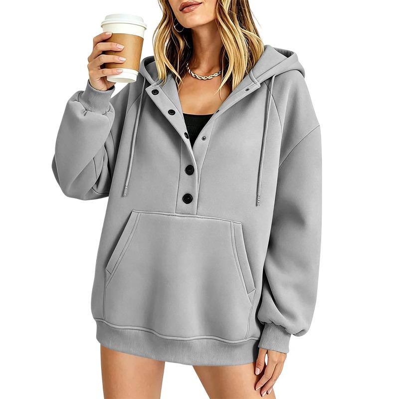 Women S Loose Fit Mid Length Long Sleeve Button Collar Sweatshirt Casual Style