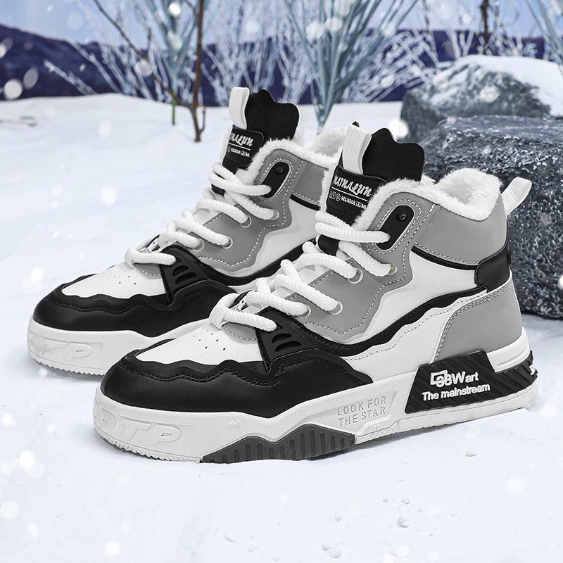 Large-size Men Shoes Winter High-top Cotton Shoes Winter Leather Sneaker Plush Warm Snow Boots Fashion Velvet Casual Board Shoes