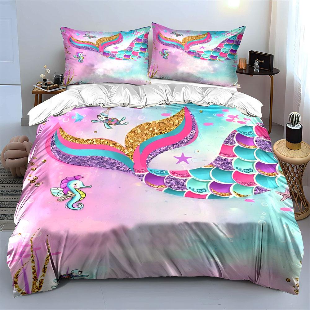 "Mermaid Tail Themed Set Decoration" Bedding Set with 1 Duvet Cover 2 Pillowcases Single Double King Queen, Gift