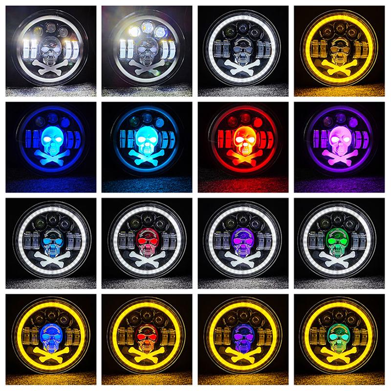 7 Inch Skull RGB LED Headlights Halo Angel Eyes DRL Skull Devil Eye Ghost Round Headlight for Chevrolet C10 Camaro Pickup