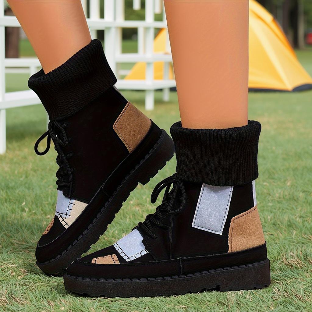 Beige & Blue Plaid Chunky Low Heel Lace-Up Ankle To Mid-Calf Booties - Round Toe Casual Winter with Sole & Fabric Upper