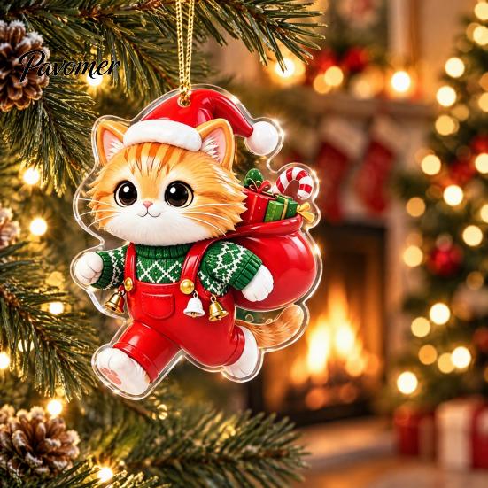 Acrylic Hanging Decor 2 Pcs Christmas Ornament, Crystal Snowman Cat Santa Pattern Decoration, Party Decorations Double Sided 2D Pendant for