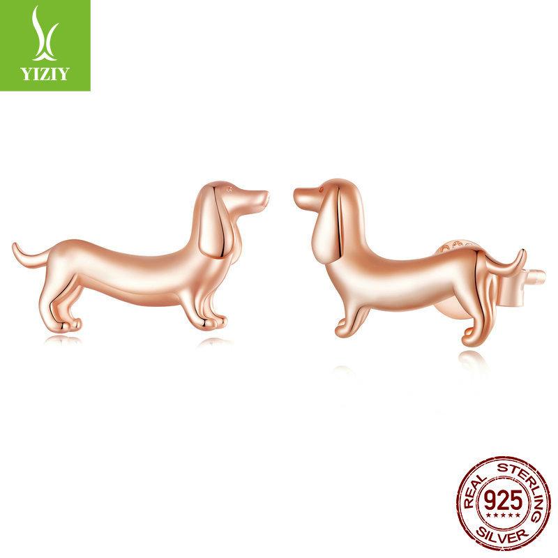 Popular Dachshund S925 Silver Stud Earrings, Cute And Lively Puppy Plain Silver Electroplated Stud Earrings.