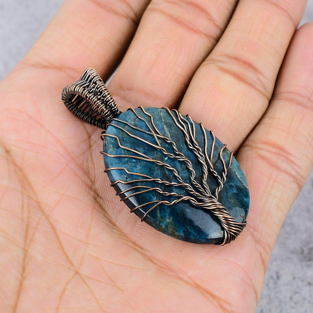 Tree Of Life Neon Blue Apatite Gemstone Pendant 999 Copper Wire Wrapped Jewelry, Handmade Antique Pendant Jewelry, Gift For Mother