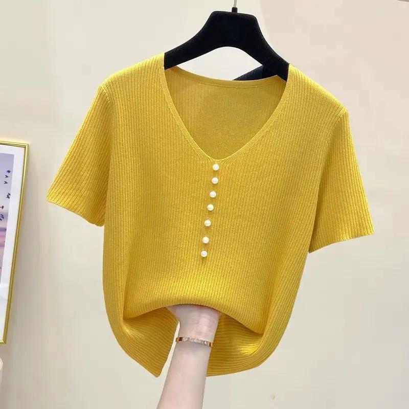 Женский вязаный топ с V-образным вырезом, короткий рукав, пуговицы-жемчужины, повседневная свободная блузка