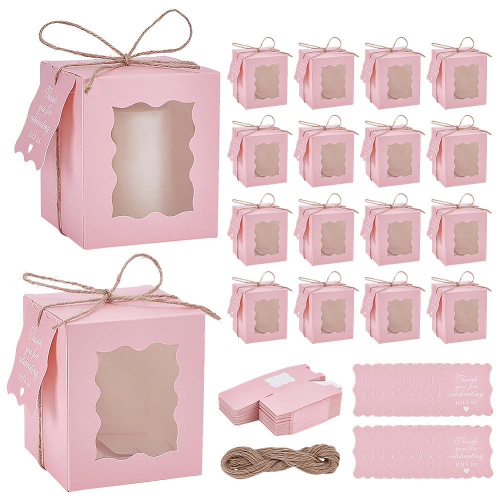 50sets Paper Gift Storage Boxes with Window and Cord for Favors Gift Packaging Rectangle Pink 8.5x8.5x10cm