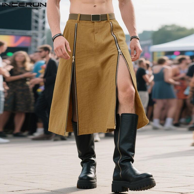 INCERUN Men High Waist Zip-up Long Skirts Casual A-line Splits Kilt