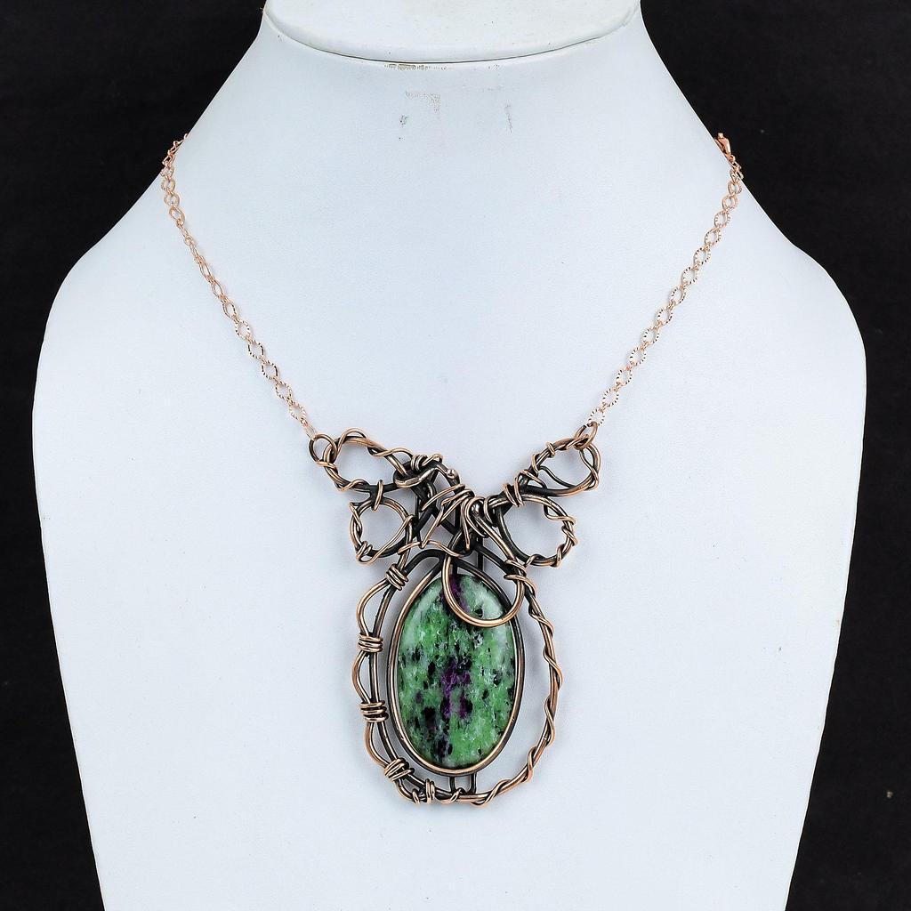 Ожерелье из рубина и цоизита, обмотанное медной проволокой, Ювелирные изделия из драгоценных камней рубина и цоизита, Ожерелье с регулируемой цепочкой, Медные украшения ручной работы для подарков