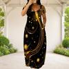 Women Plus Size Round Neck Short Sleeve Black Golden Galaxy Printed Loose Maxi Dress With Side Pockets