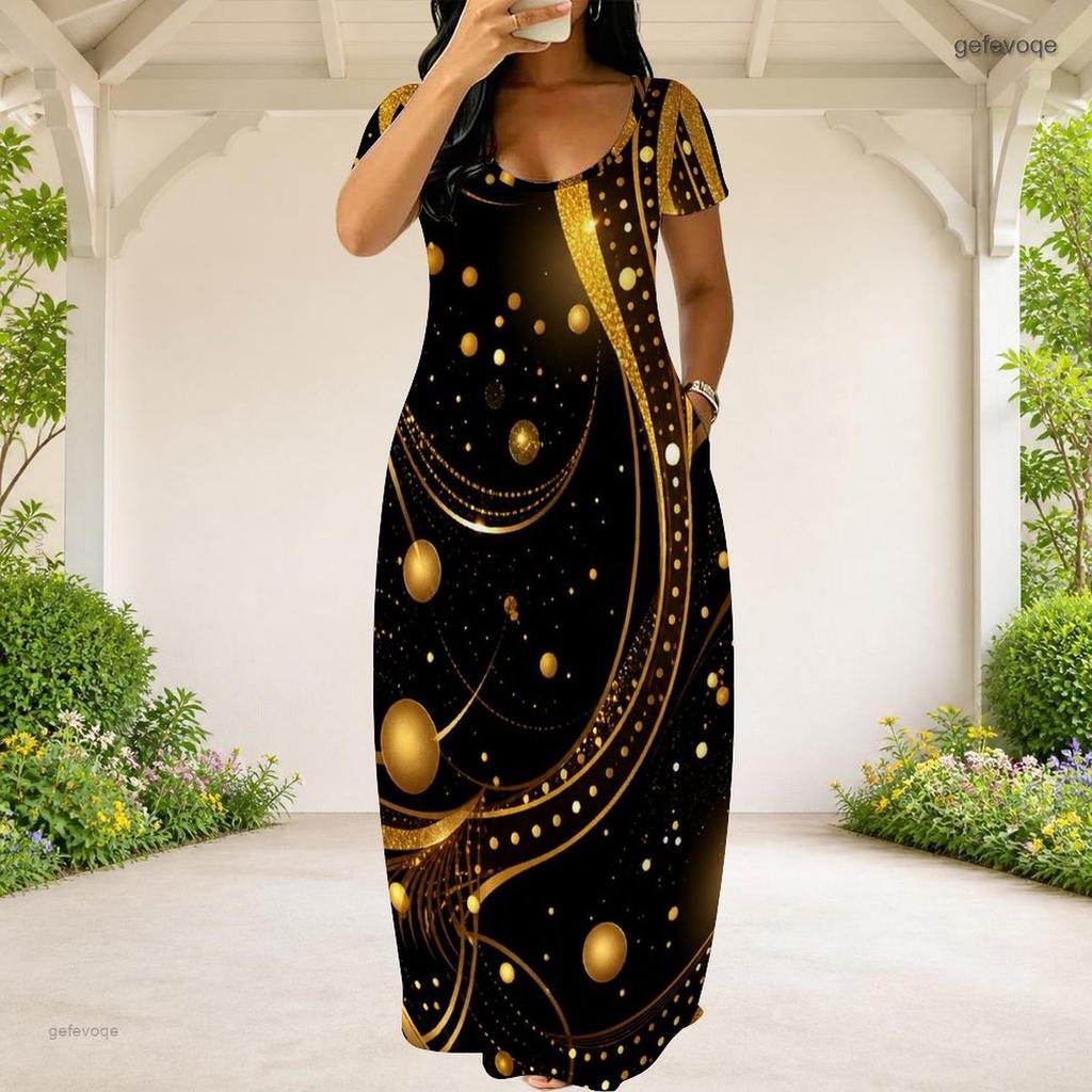 Women Plus Size Round Neck Short Sleeve Black Golden Galaxy Printed Loose Maxi Dress With Side Pockets