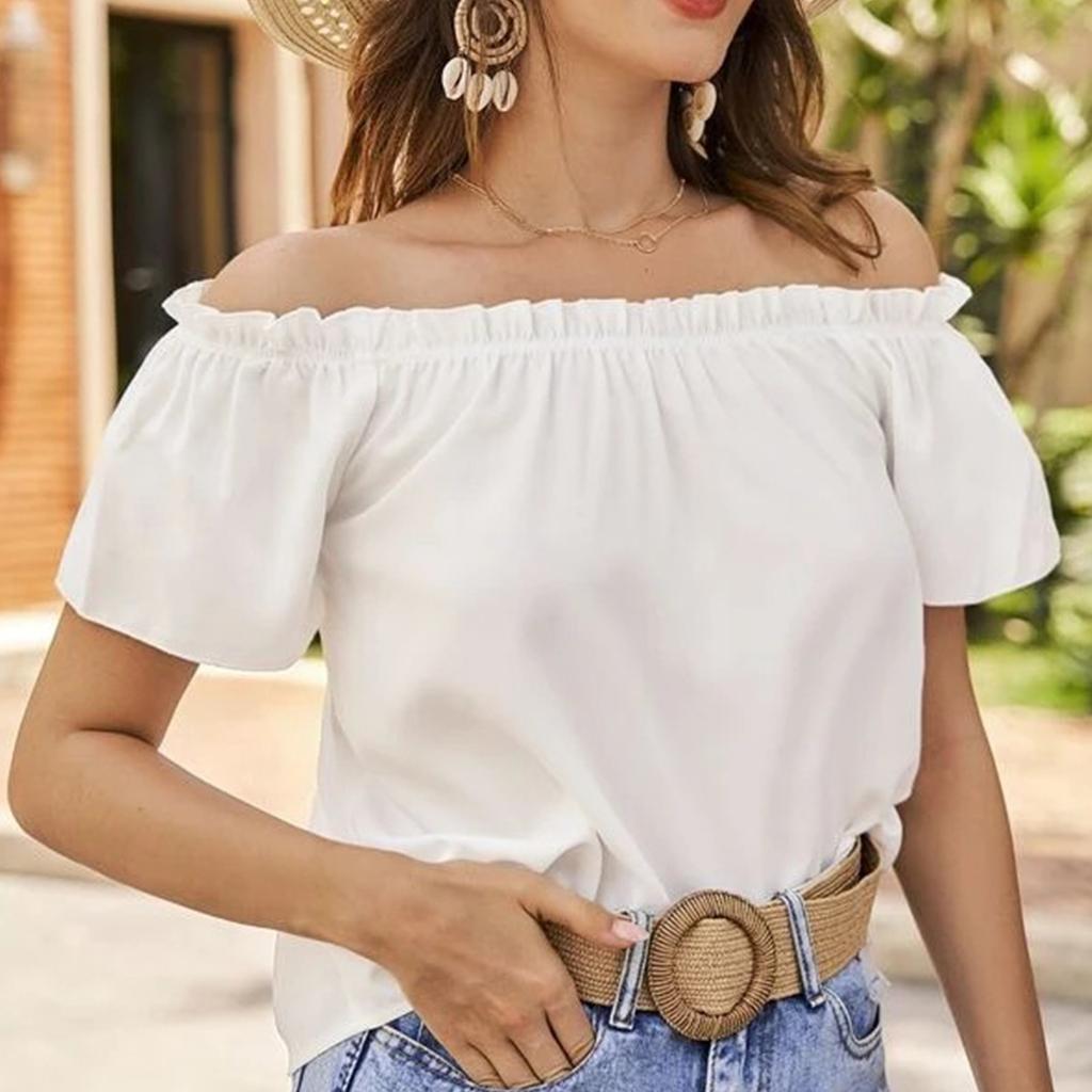 Женская летняя повседневная рубашка с открытыми плечами и оборками, короткий рукав