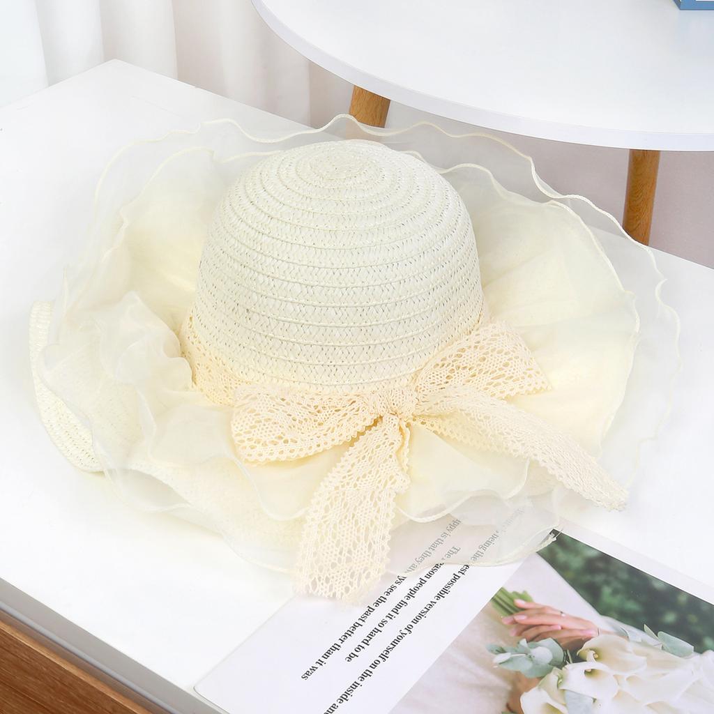 Women's Spring Beach Hat Lace Bowknot Wide Brim Sun Protection Hat Seaside Face Slimming Sunshade Hat