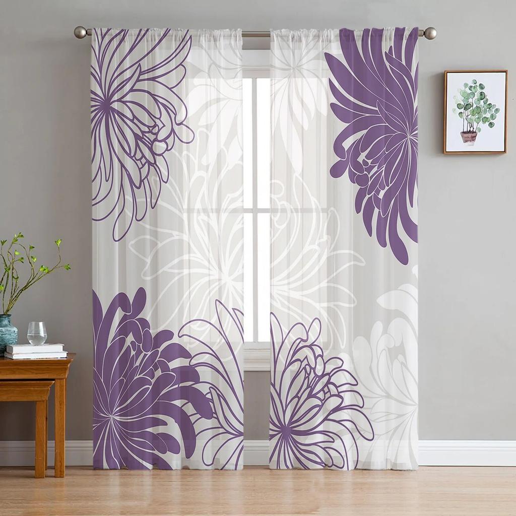 Purple White Flower Floral Chrysanthemum Tulle Curtains Modern Living Room Kitchen Chiffon Curtain Bedroom Sheer Valance Curtain