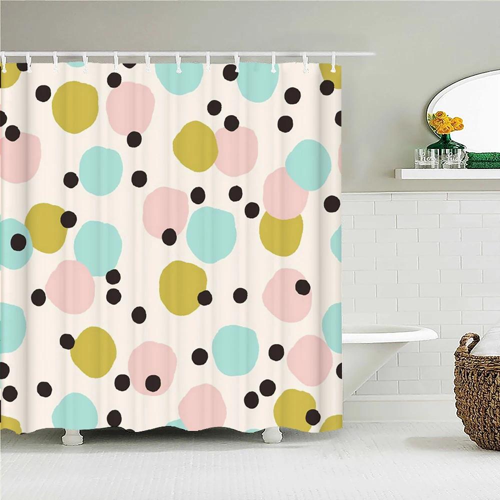 Simple Colorful Geometric Pattern Fabric Shower Curtain Bathroom Curta Round Mosaic Waterproof Bath Screen With 12 Hooks