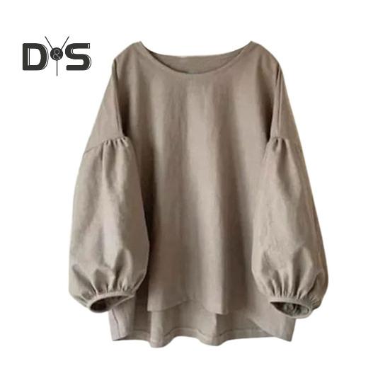 Женские топы с круглым вырезом, пышные, с длинным рукавом, однотонные, свободные, повседневные, блузки, универсальная повседневная одежда