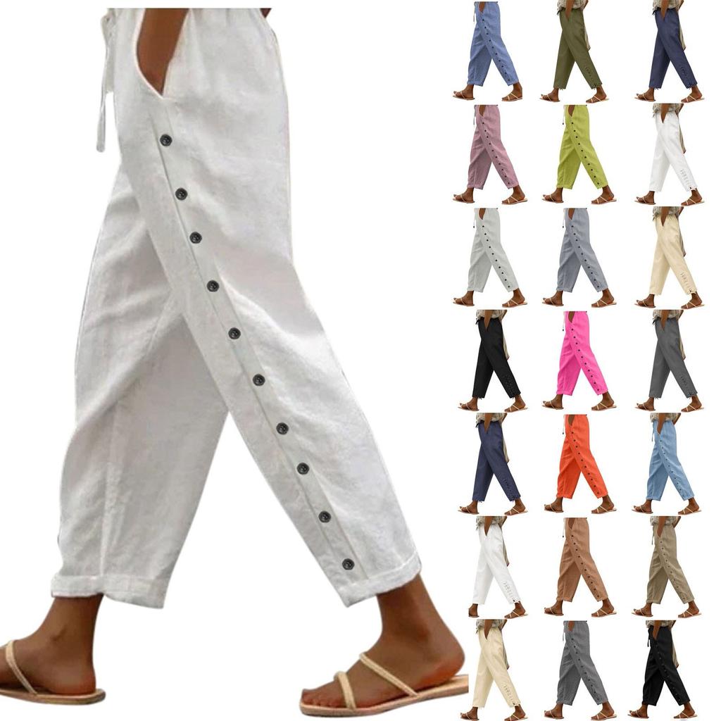 Women Casual Stripe Print Side Button Up Trendy Pants Baggy Elastic Waist Straight Leg Comfort Trousers With Pocket
