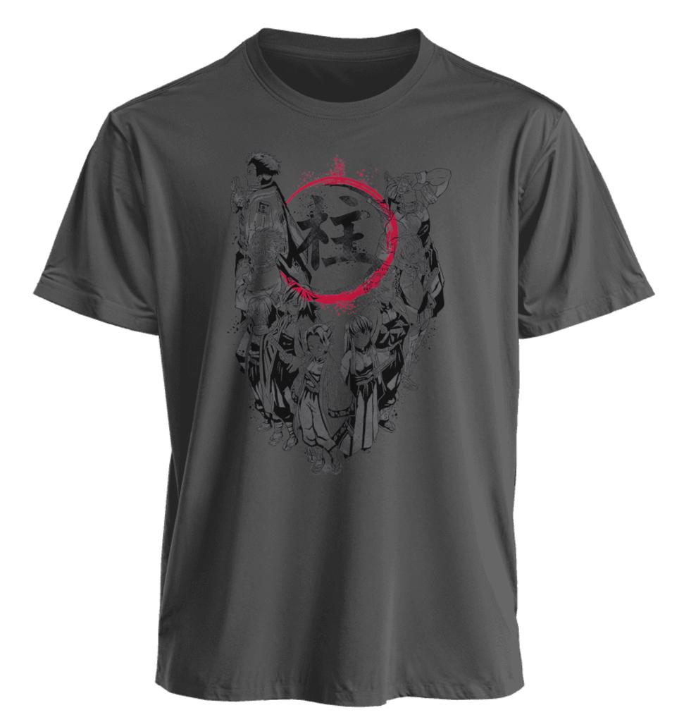 White Short Sleeve T Shirt Demon Slayer Hashira Group Print with Red Circle and Black Kanji Ink Splash Effect Cotton Anime Top