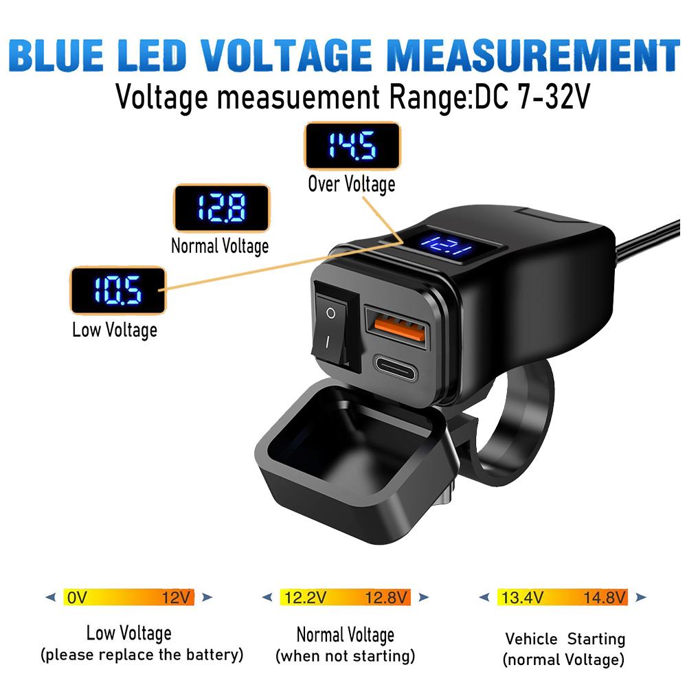 PD+QC3.0 USB-зарядное устройство для мотоцикла, быстрое зарядное устройство, 60 Вт, руль, два разъема USB с переключателем, вольтметром, водонепроницаемый адаптер питания 12 В