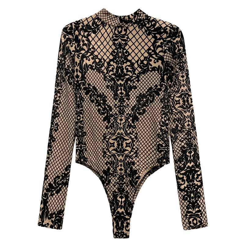 Women's Lace Sheer V Neck Long Sleeve T Shirts Tops Bodysuit Jumpsuit Bodycon Rompers Fall Clothes Clubwear Bodysuits