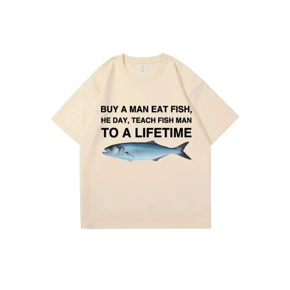 Купить футболку с забавным мемом «Человек ест рыбу, он учит рыбу на всю жизнь», унисекс, повседневная хлопковая мужская футболка, летние футболки большого размера