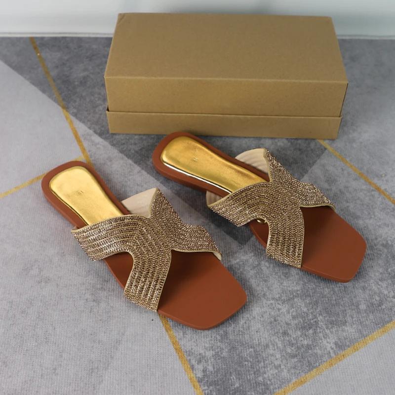 Fashion Women's Sandals 2024 Low Heel Summer Fashion Bling Square Toe Slippers Comfortable Outdoor Slides Broken Diamond Shiny Fashion
