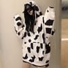 Women Autumn Korean Hooded Coat Cow Print Black White Hoodie Sweatshirt Long-sleeved Loose Harajuku Tops