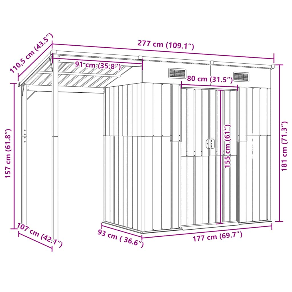 Garden Shed with Extended Roof Light Grey 277 x 107 x 181 cm Steel