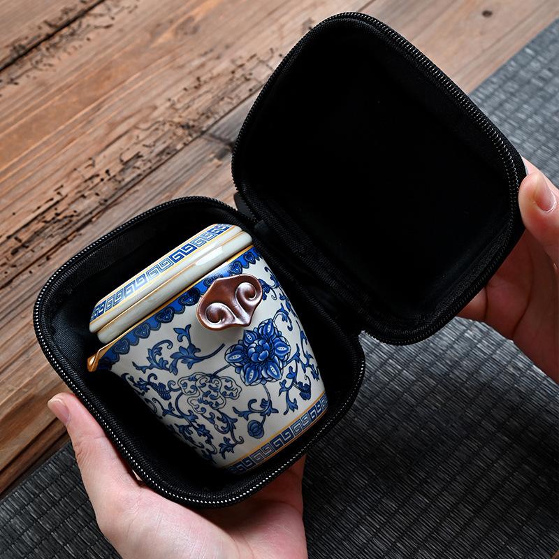Blue and white Ru Kiln Xiangyun Travel Tea Set Kuaike Cup Outdoor Portable Bag Ceramic Set One Pot Three Cups Retro Gifts