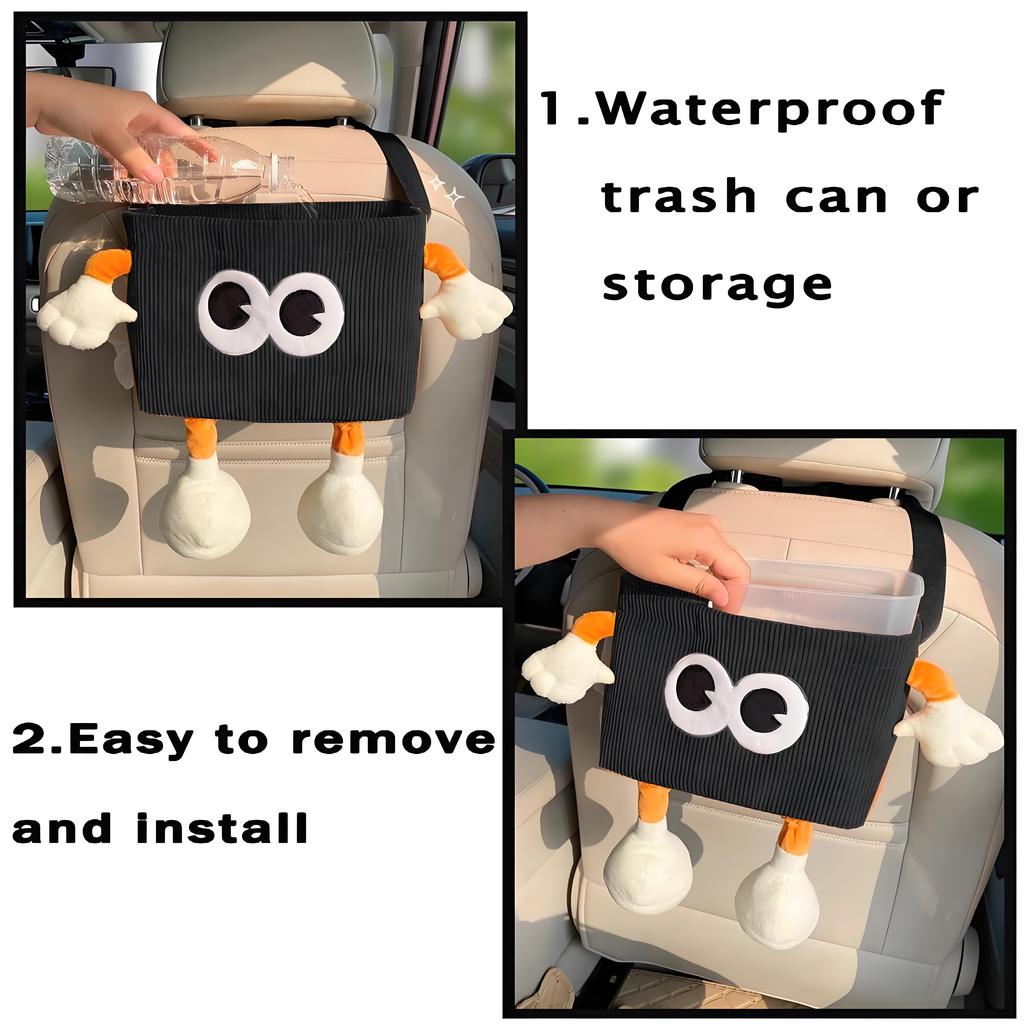 Cute Animal Car Trash Can, 2-Function Hanging Organizer with Tissue Dispenser - Plush Seat Back Storage Bag