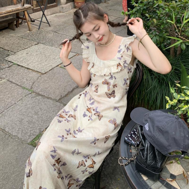 Лето 2025 года, модное повседневное длинное платье с принтом Bufferfly, женское модное шикарное платье с оборками и квадратным воротником, корейское элегантное облегающее платье