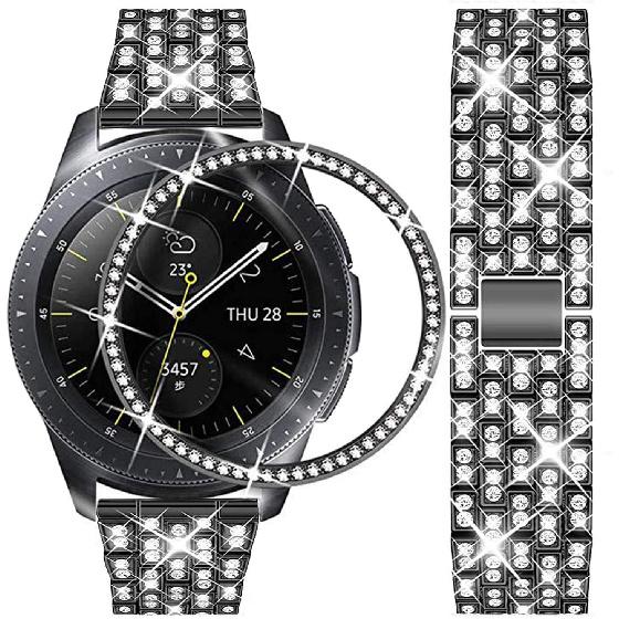 Ремешки, совместимые с Samsung Gear Sport/Galaxy Watch 42mm / Galaxy 4 Classic (42мм), Роскошный ремешок из нержавеющей стали с бриллиантами и стразами и кольцом-безелем
