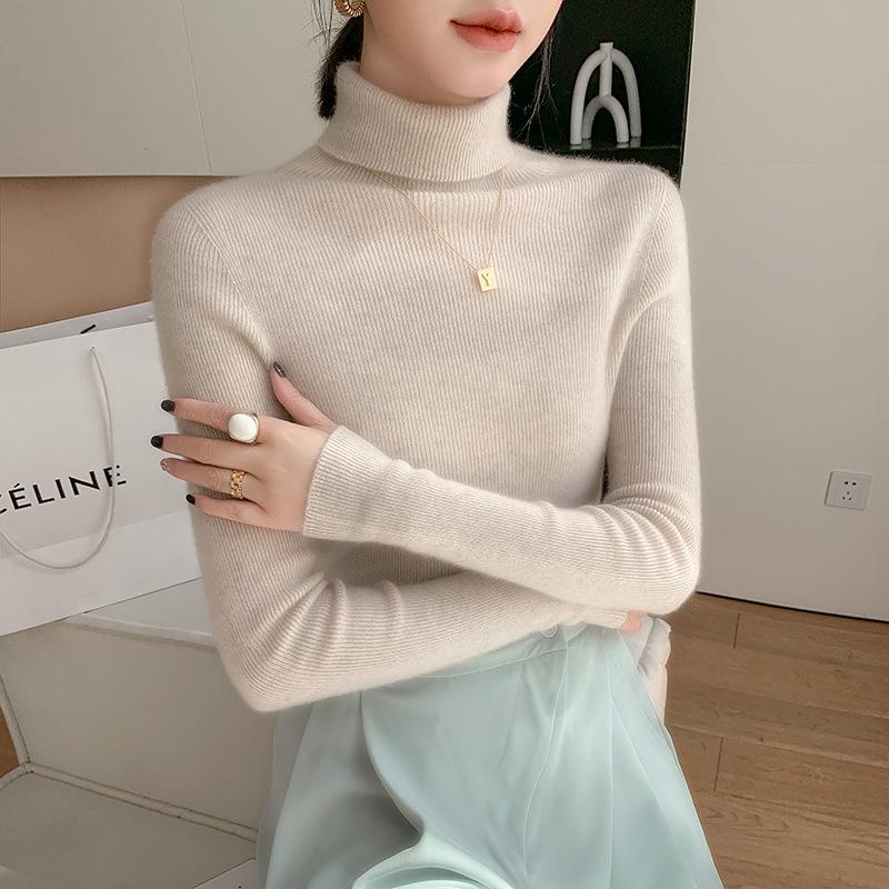 Women's Seamless Ribbed Cashmere Sweater – Slim Fit, High Neck, Figure-Flattering, Lightweight Knit Base Layer